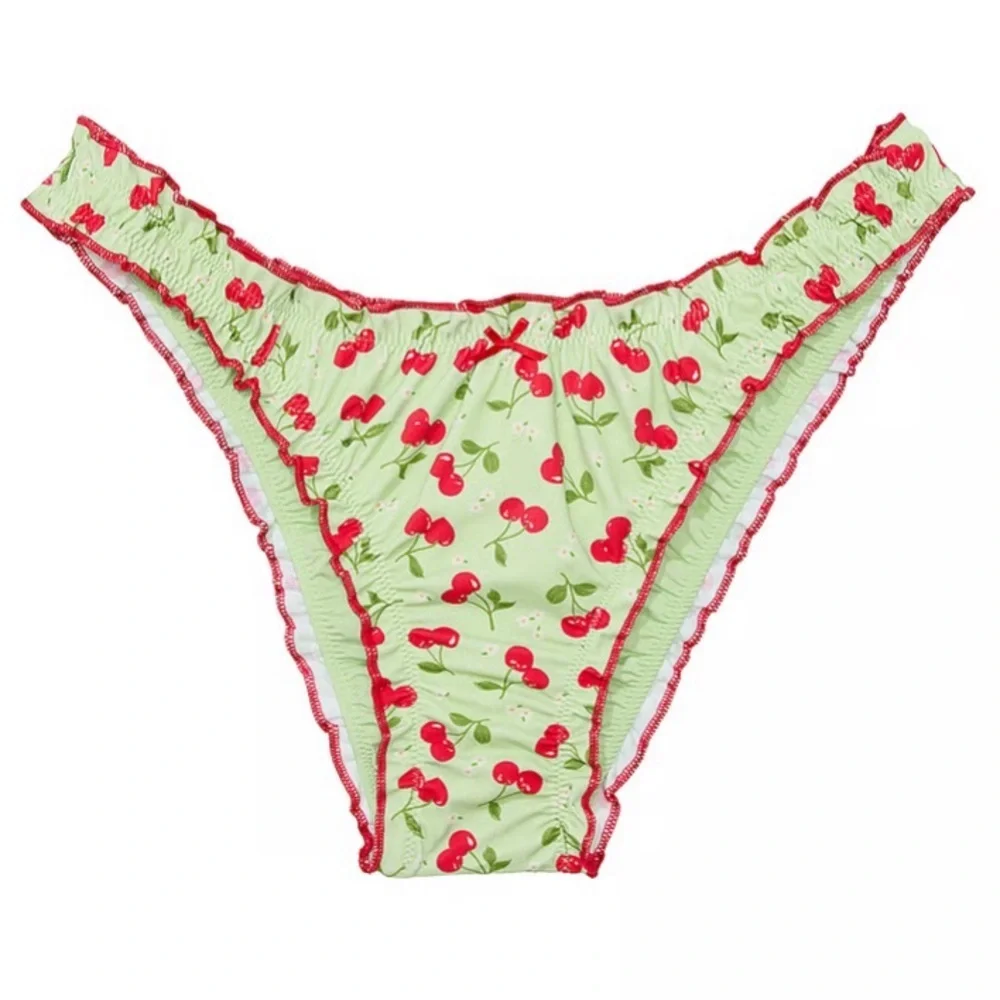 New! Frankie's Bikinis X PINK hudson Green Cherry Print Bikini Bottom 1543